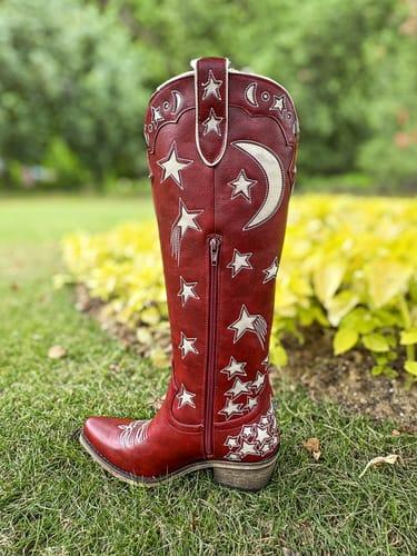 REDTOP Navy Blue Snip Toe Starry with Moon Cutout Tall Cowgirl Boots