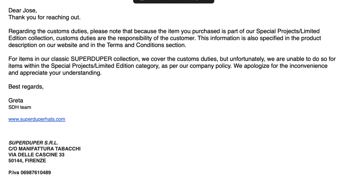great hat, poor customer service
